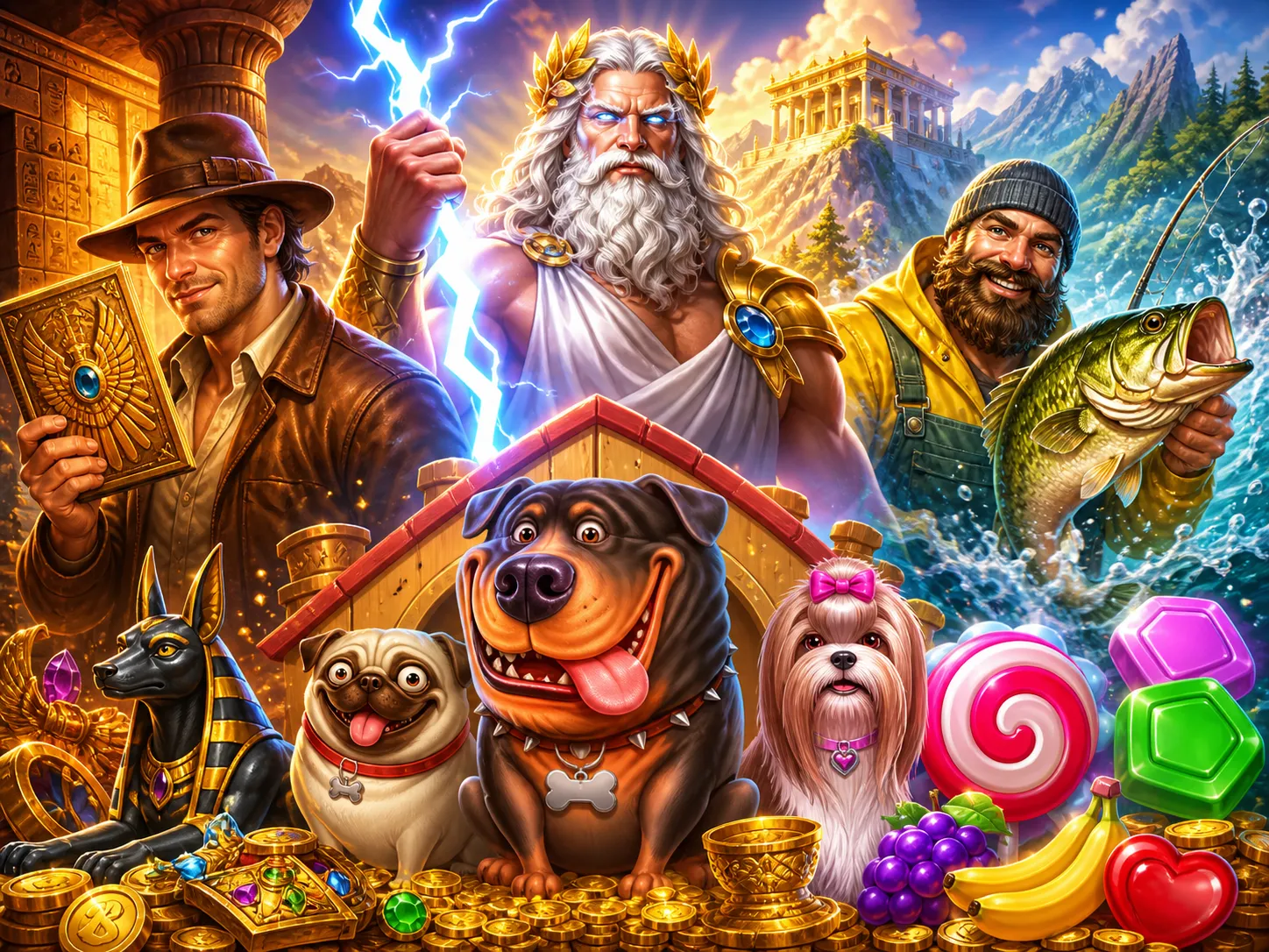 Promotional artwork of a fantasy slot game featuring a mythological character and a treasure-filled landscape.