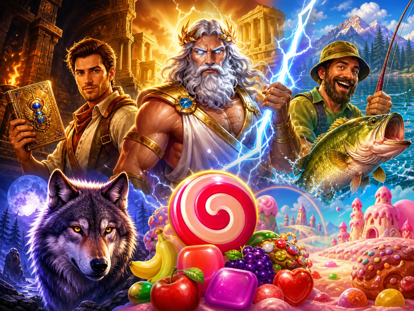 Colorful artwork featuring slot game characters in fantasy landscapes, blending mythological and adventurous themes.